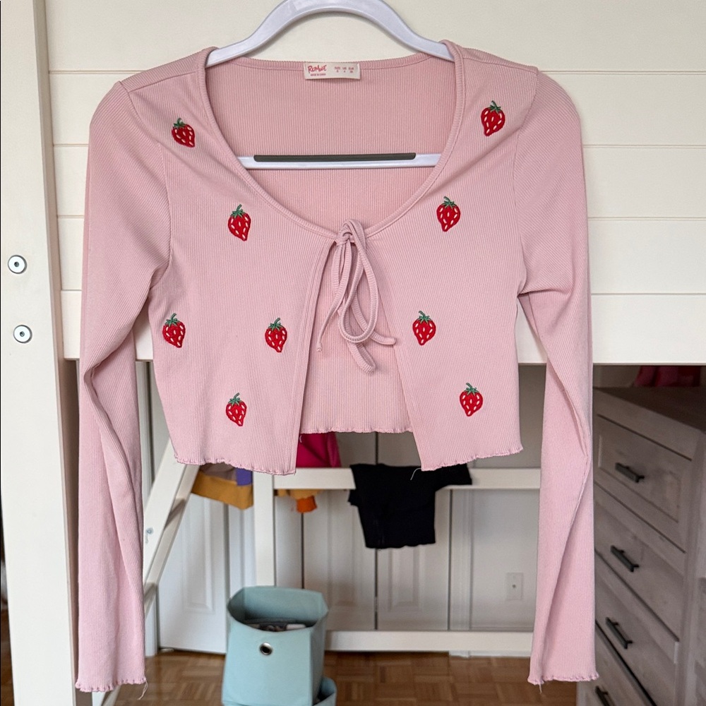 Pink Strawberry Tie-Front Ribbed Crop Top